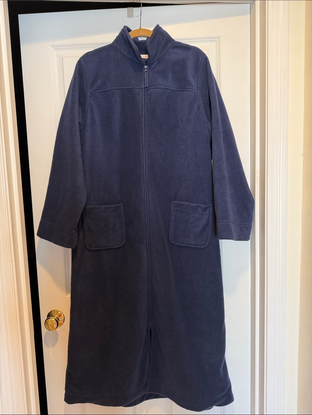 Women's LLBean Long Navy Fleece Zip-Up Robe Size XL Petite